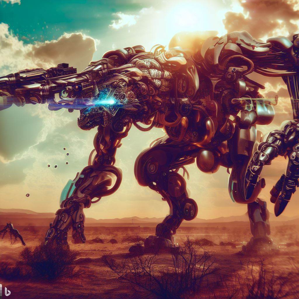 future mech dinosaur with guns fighting in desert, wildlife in foreground, surreal clouds, bloom, lens flare, angle, glass body, h.r. giger style 5.jpg
